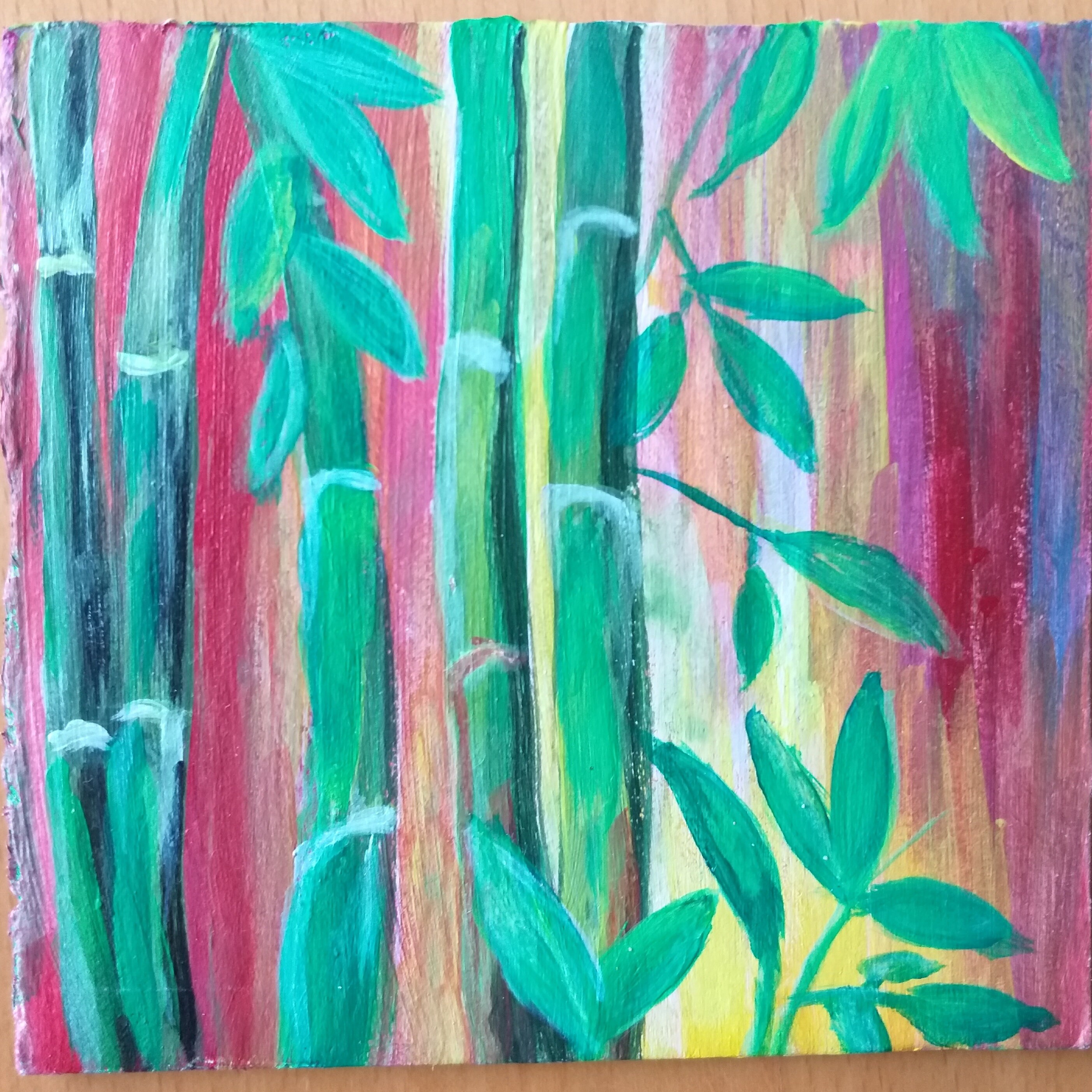 Small acrylic painting with bamboo tree and leaves on Etsy