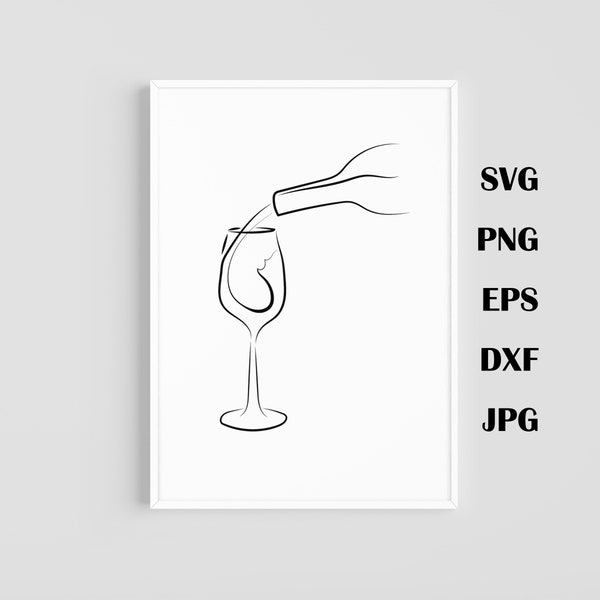 Bouteille de vin versant dans le verre Line Art TÉLÉCHARGEMENT NUMÉRIQUE IMPRIMER dessin contour Illustration Simple Minimal Minimalist Sketch Wall Decor Moderne