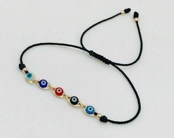 Pulsera Negra Con Ojitos Multicolor Oro Laminado Black Evil Eye Bracelet