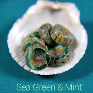 Sea Green Mint with Picasso Finish ~ Czech 12mm Glass Hibiscus Flower Beads ~ 6 Bead Lots ~