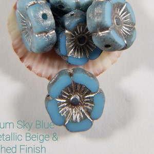 Medium SKY BLUE w/Metallic Beige & ETCHED Finish ~ Czech 12mm Glass Hibiscus Flower Beads ~ 6 Bead Lots ~