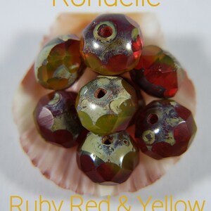 Ruby Red & Yellow w/Picasso Finish ~ Czech 6x8mm Glass Rondelle Beads ~ 10 Bead Lot ~