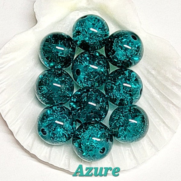 AZURE ~ 10mm Glass Crackle Beads ~ 10 Bead Lots ~ Teal Beads ~