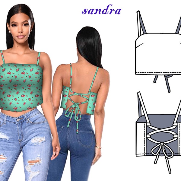 Sandra  low-cut back crop top pdf decollete easy sewing pattens Size 34-44 (XS-2XL)