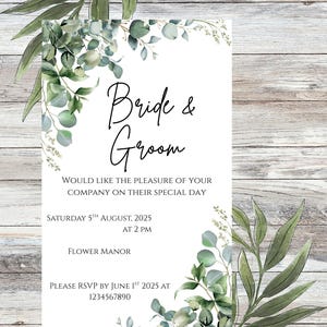 Modèle élégant de faire-part de mariage minimaliste | Invitation numérique modifiable | carte de mariage botanique d'eucalyptus | Téléchargement instantané