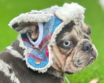 Fabulous Fido French Bulldogs Winter Cotton Hat & Scarf, Red and Blue Headwear, Stylish and Warm Pet Hat, Frenchie Scarf, Dog Lover Gift