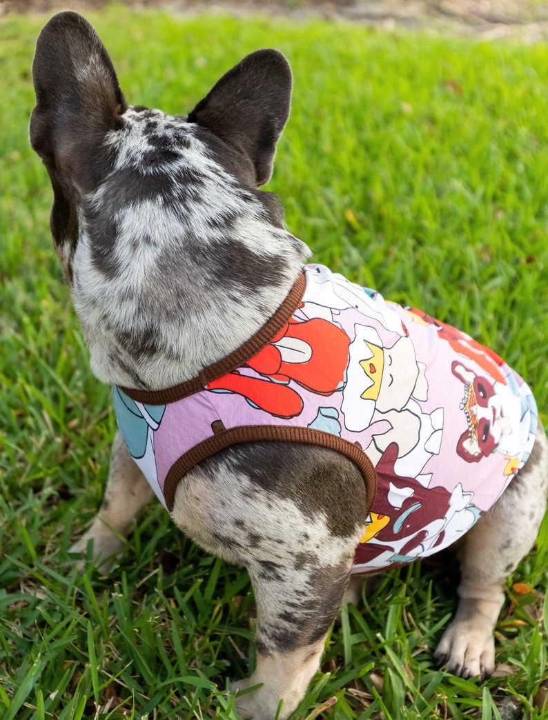 May include: A French bulldog wearing a pink and brown dog tank top with a colorful cartoon print. The dog is sitting on green grass.
