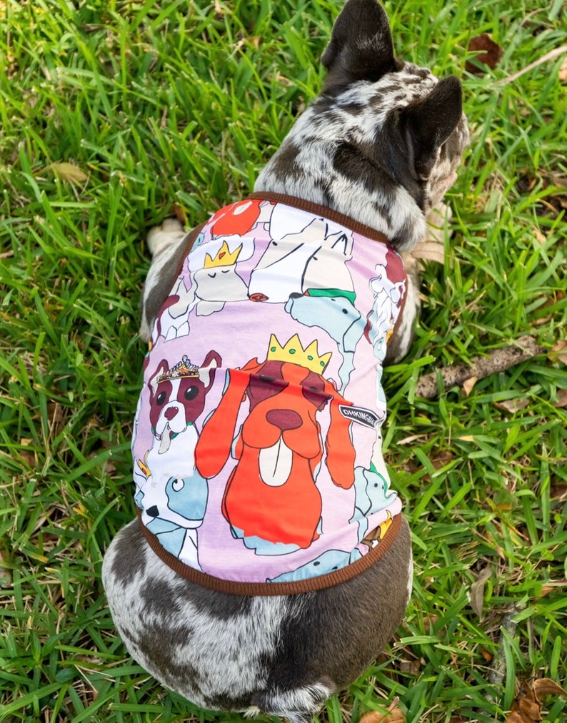 May include: A French bulldog wearing a pink dog shirt with a multi-colored print of cartoon dogs wearing crowns. The shirt has a brown trim around the neck and armholes.