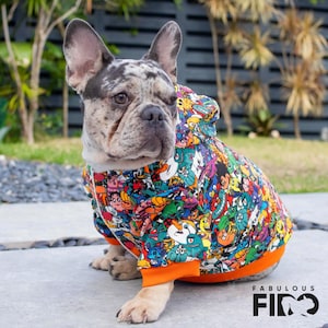 Fabulosa sudadera con capucha cálida de lana Fido French Bulldog, suéter con capucha para perros de invierno con temática de dibujos animados, elegante sudadera con capucha colorida para mascotas de lana