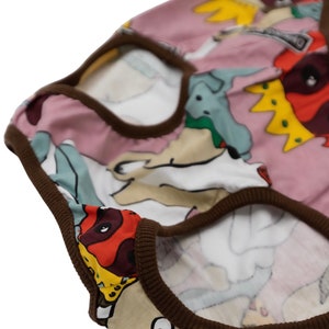 May include: Pink underwear with a brown trim and a colorful cartoon print of dogs wearing crowns.