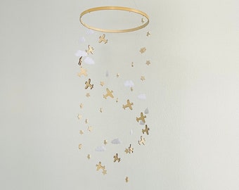 Brass Airplane and Stars Baby Mobile, Stars Baby Mobile, Cloud Mobile,  Neutral baby mobile, Gender Neutral Nursery,