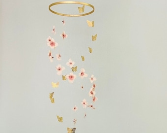 Gold Butterfly Flower Mobile, Flower and Butterdly Mobile Baby girl mobile, Floral Baby Mobile, Flower Nursery, Floral Nursery, Girl Nursery