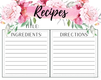 Pink Rose Recipe Card Printable