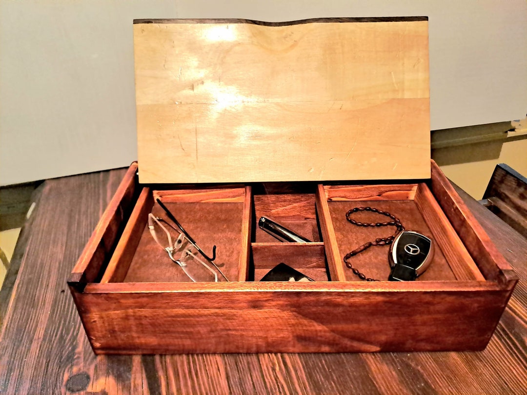 Handcrafted Linden Wood Accessory Box With Walnut Accents Rustic 6