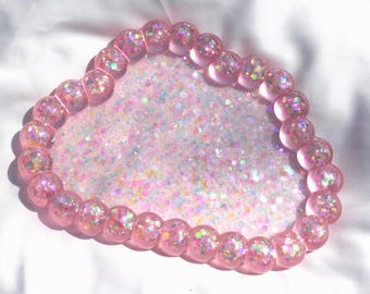 Handmade Pink Crystal Resin Jewelry Dish, Iridescent Glitter Ring Bowl, Pastel Decorative Tray
