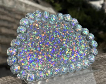 Ice Blue Iridescent Resin Trinket Dish, Handmade Jewelry Tray, Fairycore Ring Holder