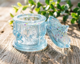 Ice Blue Keepsake Box, Sparkly Carousel Jewelry Box, Iridescent Trinket Storage Jar, Coquette Decor
