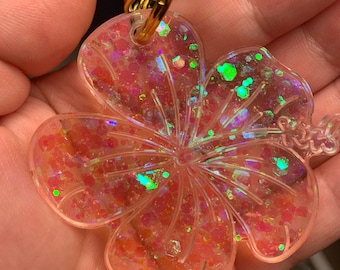 Glitter Hibiscus Flower Bag Charm, Hawaiian Flower Resin Keychain, Summer Tropical Accessory