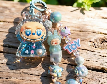 Bunny Monster Shaker Keychain – Pastel Ocean Blue Glitter Charm with Beaded Strap