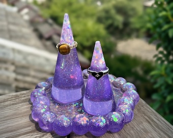 Handmade Amethyst Glitter Resin Ring Holder Cones, Fairycore Jewelry Display
