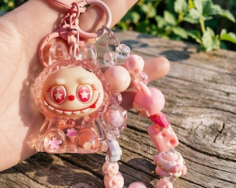 Bunny Monster Shaker Keychain – Pastel Pink Glitter Charm with Beaded Strap