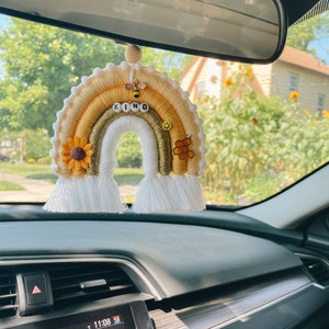 be kind rainbow car accessories, car accessories, bee kind rainbow macrame, Rear-View Mirror Macrame Rainbow , gifts for her