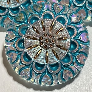 27mm round glass lacy flower button, AB iridescent with turquoise wash and gold paint, genuine Czech glass, sewing metal shank, 1 pc.