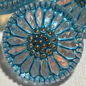18mm round glass sunflower button, aqua iridescent with turquoise wash and gold paint, genuine Czech glass, sewing metal shank, 1 pc.