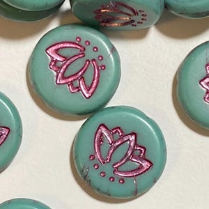 14mm coin bead with lotus flower, turquoise opaque with metallic pink wash, genuine Czech glass, set of 4 or 8 beads