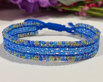 Shimmering Sapphire Blue Woven Bead Cuff Bracelet