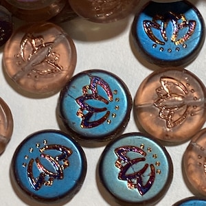 14mm coin bead w/ lotus flower, pink transparent matte & purple/orange iridescent half coat finish, genuine Czech glass, set of 4 or 8 beads