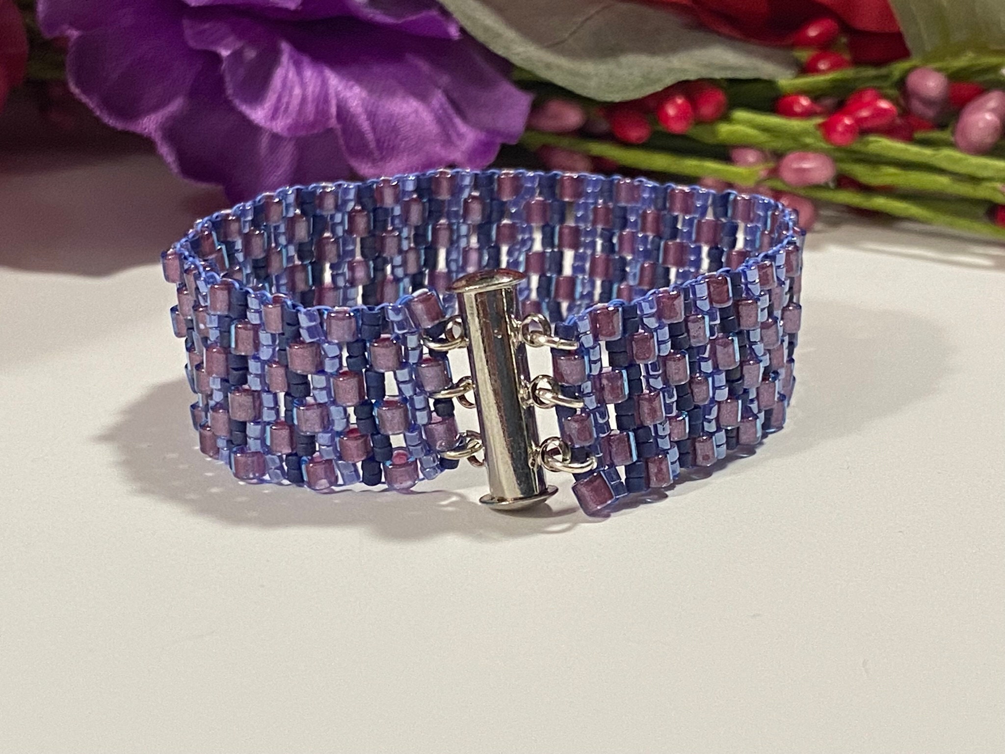 Periwinkle And Raspberry Periwinkle Blue & Raspberry Sorbet Beaded Peyote Cuff Bracelet - Etsy