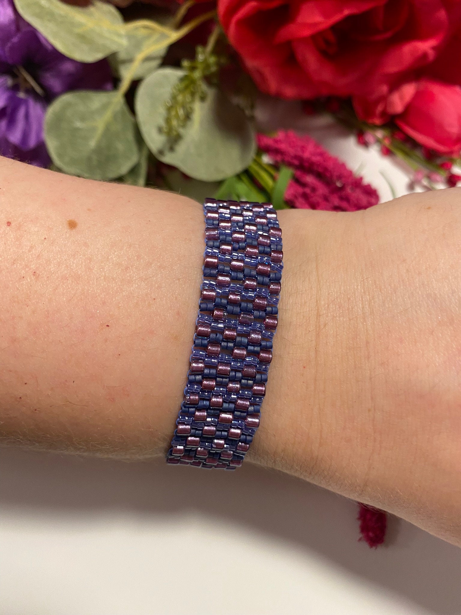 Periwinkle And Raspberry Periwinkle Blue & Raspberry Sorbet Beaded Peyote Cuff Bracelet - Etsy
