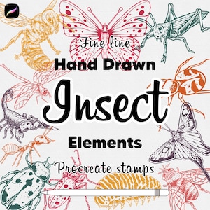 May include: A digital collection of hand-drawn insect illustrations featuring a butterfly, wasp, grasshopper, scorpion, ant, beetle, moth, and fly. The text reads Fine line Hand Drawn Insect Elements Procreate stamps. A white stylus is at the bottom.