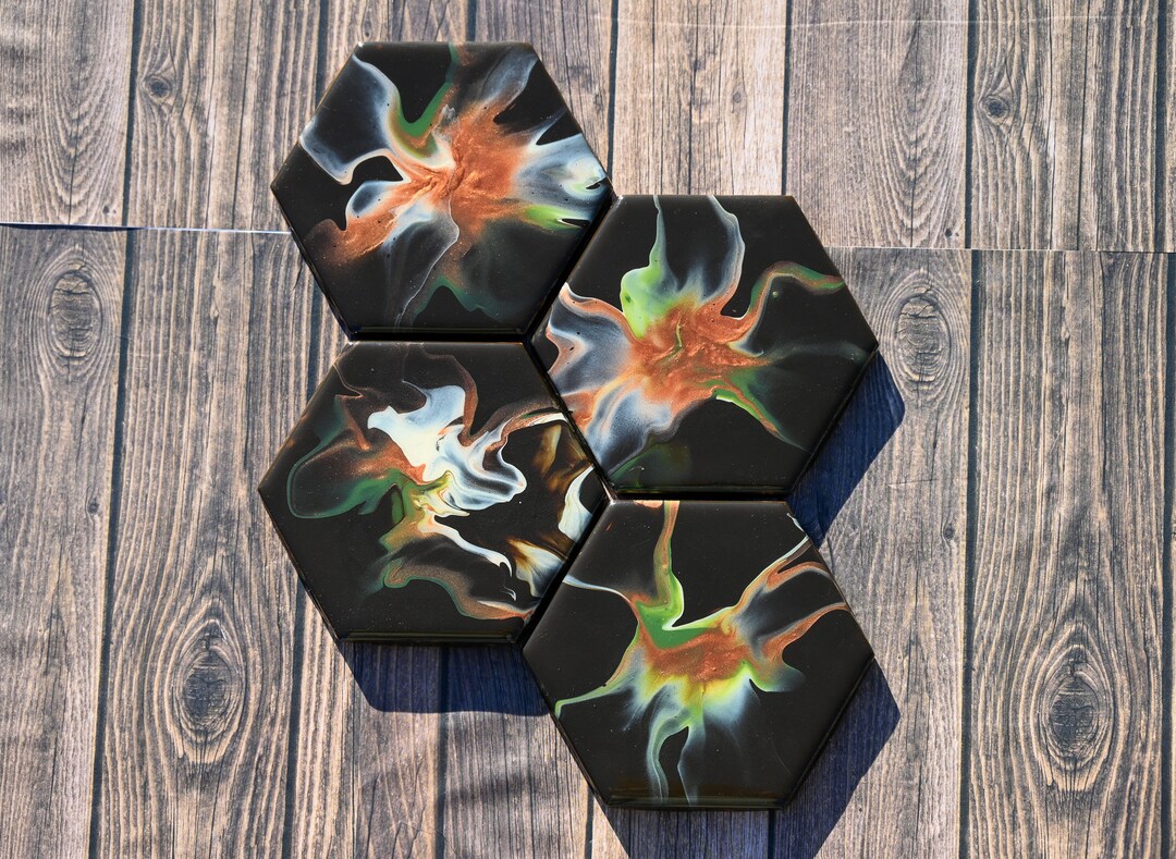 Acrylic Pour Ceramic Tile Coasters '70s Basement Etsy