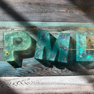 Pu&ograve; includere: Lettere in resina turchese che compongono "PML" con elementi decorativi incorporati. Le lettere sono su una superficie di legno con toni blu, grigi e oro. La lettera "P" ha un piccolo accento a conchiglia.