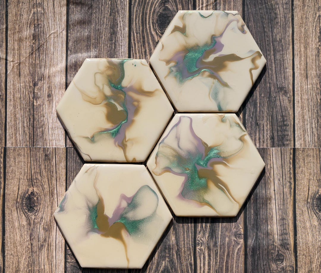 Ceramic Hexagon Tile Coasters Acrylic Pour/fluid Art Hand Painted | - Etsy