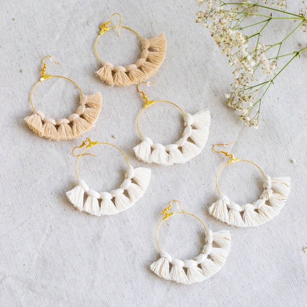 Boucles d'oreilles en macramé | Terracotta | Blanc/fils d'or | Bijoux