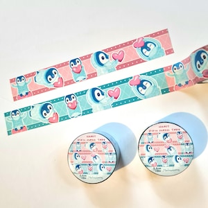 Adorable ruban adhésif Washi en forme de coeur, Pipin le pingouin rose et bleu