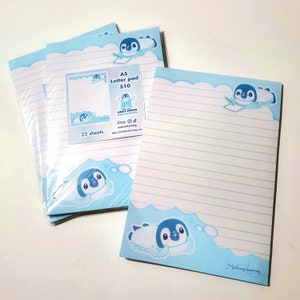 Lindo bloc de cartas A5 Pipin el Pingüino (1 diseño × 25 hojas) no adhesivo, para escribir, papelería linda