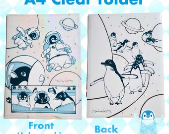 Penguin Astronauts / Walking the Space A4 Holographic Clear double sided Folder for school, office daily use