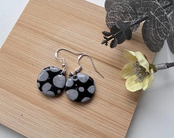 Black and grey Polka Dot Polymer Clay Earrings, Sterling Silver Dangle Earrings, Handmade Resin Jewelry, Minimalist Statement Earrings