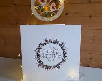 Handmade Christmas card, Christmas wreath card, luxury Christmas card, textured card, square Christmas card with envelope
