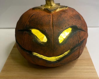 Handmade Light Up Clay Pumpkin – Rustic Fall Halloween Table Decor, Cozy Autumn Centerpiece