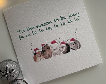 Handmade Christmas card, singing guinea pigs, luxury Christmas card, textured card, square Christmas card with envelope