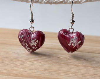 Red Heart Polymer Clay & Resin Earrings with Silver Leaf Flakes – Handmade Dangle Earrings – Lightweight Jewelry – Gift for her, mum