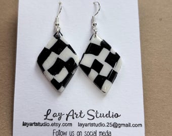 Black and white checkered dangle earrings, silver earrings, simple jewellery