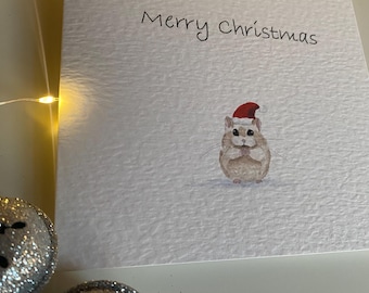 Handmade Christmas card, hamster card, Santa hat, luxury Christmas card, textured card, square Christmas card with envelope
