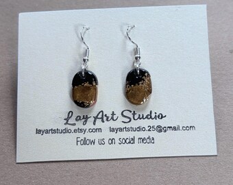 Handmade black and gold Dangle Earrings – Black & Gold marbled Drop Earrings – Resin Sealed Lightweight Statement Jewelry