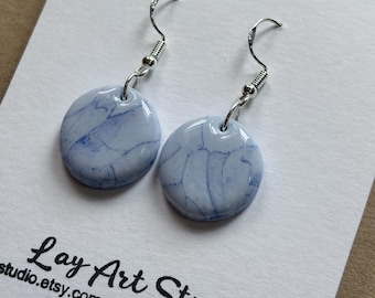 Blue Marble Polymer Clay Earrings, Sterling Silver Earrings, Handmade Resin Jewelry, Lightweight Statement Earrings, Minimalist Gift